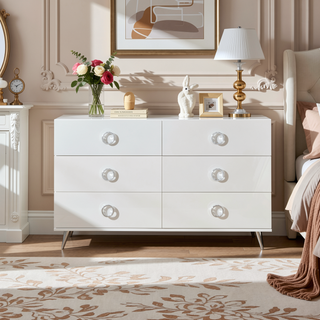 Sunvega White 6-Drawer Dresser with Chrome Hardware and Metal Hairpin Legs