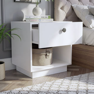 Sunvega White Nightstand with Convenient Drawer and Open Lower Shelf for Bedroom