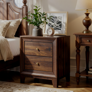 Sunvega Modern Walnut Wood Grain Nightstand with Two Roomy Drawers