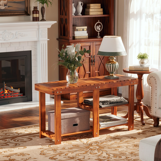Sunvega Rustic Acacia Wood 3-Tier Slatted Shoe Rack Bench with Storage Shelves