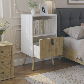 Sunvega White Macadamia Nightstand with Storage Drawer and Open Shelf