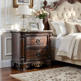 Sunvega Traditional Brown Cherry Nightstand with Genuine Marble Top and Antique Bronze Ring Pulls