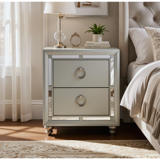 Sunvega Mirror Accent Nightstand with Spacious Drawers and Bun Foot