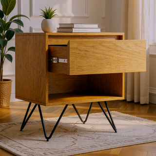 Sunvega Industrial Modern Oak Veneer Nightstand with Drawer and Open Storage