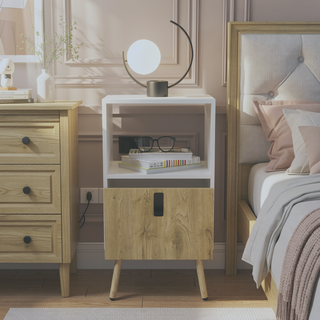 Sunvega White Macadamia Nightstand with Storage Drawer and Open Shelf