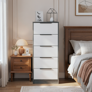 Sunvega Maryland White Pine Finish 5 Drawer Dresser with Metal Handles