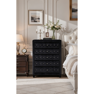 Sunvega Sophia Cream Velvet Upholstered Crystal Tufted 5-Drawer Chest for Bedroom