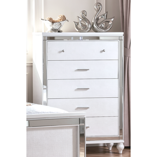 Sunvega Sterling Mirror Framed 5-Drawer Chest in White with Metallic Finish