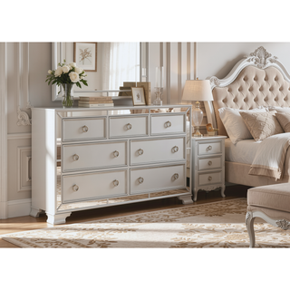 Sunvega Silver Finish 7 Drawer Dresser with Beveled Mirror Trim and Crystal Pulls
