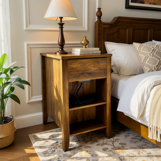 Sunvega Farmhouse End Table with Charging Station, Barn Door, and Drawer for Bedroom