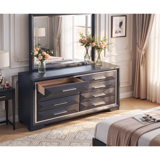 Sunvega Modern Black Wood Veneer Nightstand with Two Drawers for Bedroom