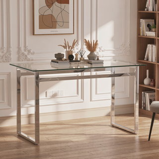 Sunvega Modern Minimalist Rectangular Glass Dining Table for 4-6 with Silver Chrome Metal Legs