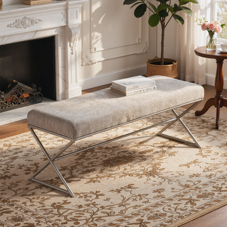 Sunvega Beige Tufted Upholstered Bench with Plush Cushioned Seat and Champagne Metal Legs