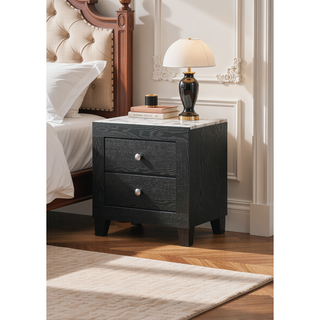 Sunvega Modern White Faux Marble Top Nightstand with Two Drawers in Black Finish