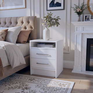 Sunvega White Modern Bedside Table with Spacious Drawers and Open Shelf