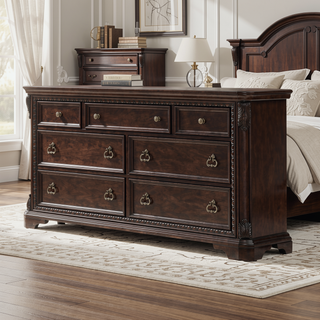 Sunvega Mahogany Finish 7 Drawer Dresser with Custom Hardware and Ash Veneers