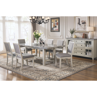 Sunvega Gray Marble Top Dining Table with White Finish and Cross Stretchers