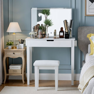 Sunvega White Dimmable LED Vanity Desk Set With Mirror And Storage Drawer