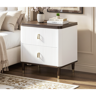 Sunvega Modern White and Brown Nightstand with 2 Slatted Drawers and USB Port