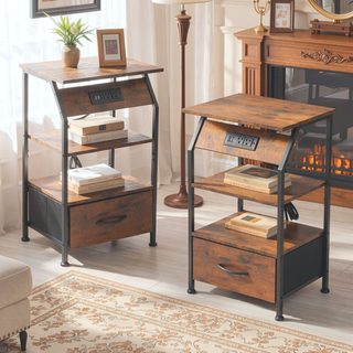 Sunvega Rustic Brown Nightstand with Charging Station USB Outlets and Non-Woven Drawer