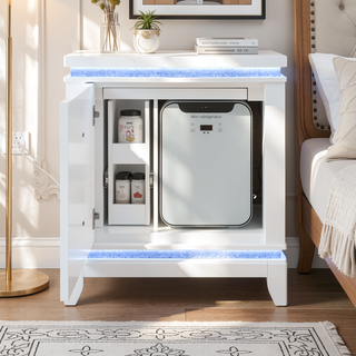 Sunvega White Nightstand with Cooler Bluetooth Speaker and LED Lighting
