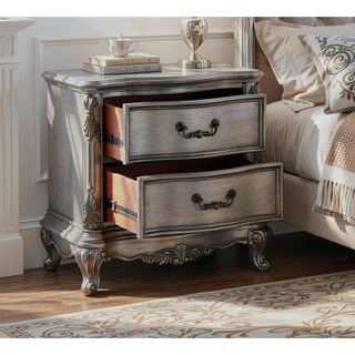 Sunvega Antique Platinum Finish Nightstand with Intricate Details for Bedroom