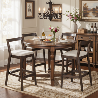 Sunvega Dark Brown Rubberwood Barstool with Beige Upholstery and Thick Cushioned Seat Set of 2