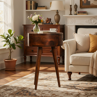 Sunvega Solid Mango Wood Chestnut Finish Semi Circle Nightstand with Drawer