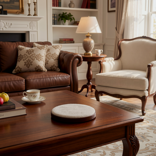 Sunvega Upholstered Beige Large Round Footstool with Timeless Elegance and Clean Lines