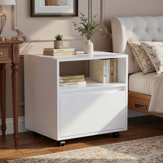 Sunvega White Nightstand with One Open Shelf and Spacious Drawer on Casters