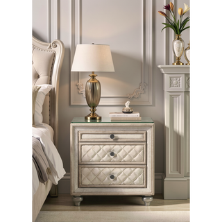 Sunvega Lucienne Beige Velvet Nightstand with Tufted Drawers and Wood Construction
