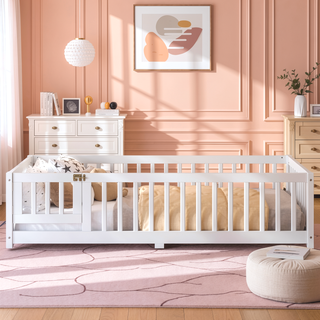 Sunvega Twin Size Floor Bed with Safety Guardrails and Door for Kids in Natural