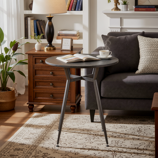 Sunvega Industrial Round Wood Top Dinette Table with Distressed Finish for Small Spaces
