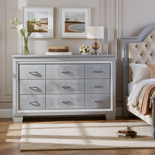 Sunvega Silver Faux Alligator Embossed Nightstand with 2 Dovetail Drawers and LED Lighting