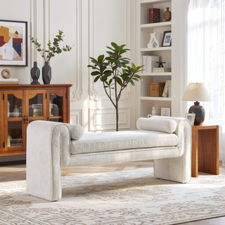 Sunvega Modern Glam Accent Bench with Chenille Upholstery and Bolster Pillows