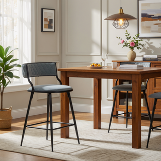 Sunvega PU Counter Height Bar Stool with Black Base and Footrest in Grey