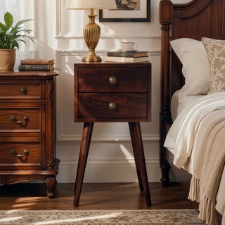 Sunvega Solid Mango Wood Bedside with Two Drawers and Scandinavian Legs