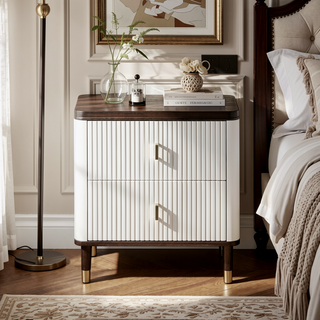 Sunvega White and Brown 2-Drawer Nightstand with USB Port for Bedroom