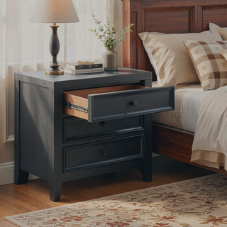 Sunvega Black 3-Drawer Nightstand with USB Port and Classic Metal Knobs