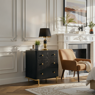 Sunvega Black Nightstand with Three Drawers Gold Accents for Bedroom Storage