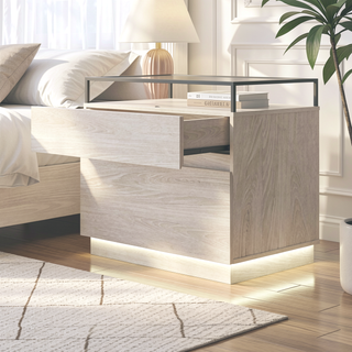 Sunvega Modern Industrial Nightstand with LED Lights and Two Drawers for Bedroom