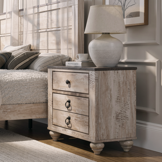 Sunvega Antique Brown Patched Wood Top Nightstand with Three Spacious Drawers