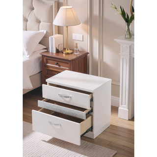 Sunvega White High Gloss Finish Nightstand with Three Felt-Lined Drawers and Metal Handles