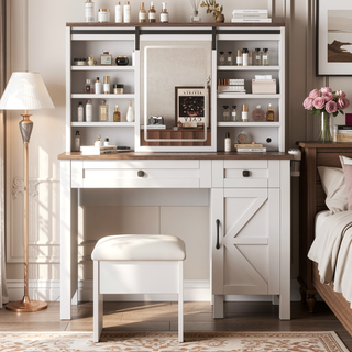Sunvega Farmhouse Vanity Desk with Sliding LED Mirror Lights and Hairdryer Holder
