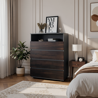 Sunvega Stained Walnut 4-Drawer Dresser with Open Shelf for Modern Bedrooms