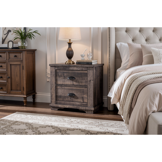 Sunvega Contemporary Gray Wooden Nightstand with Two Drawers and Metal Hardware