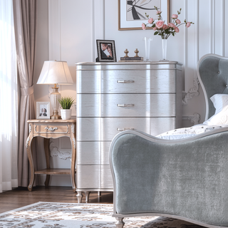 Sunvega Silver Finish Glamorous Chest with Curved Front and Crystal Acrylic Handles