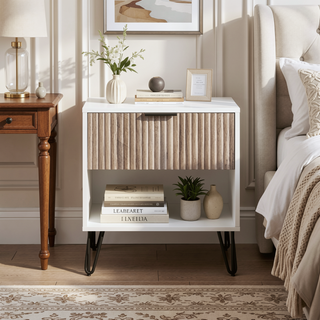 Sunvega Modern Glam Nightstand with Gold Metal Legs and Textured Drawer