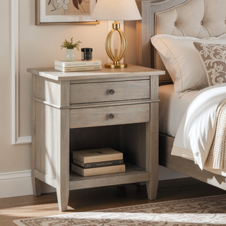 Sunvega Distressed Grey Solid Wood Bedside Table with Two Spacious Drawers