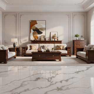 Sunvega White Marble Top Dining Table with Canted Wood Legs Mid-Century Modern